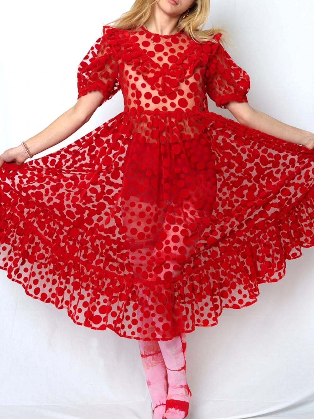BATSHEVA Red Polka Dot Sheer Ruffled Midi Dress